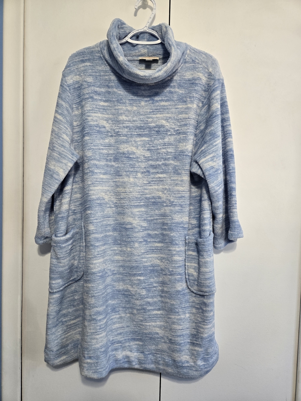 Stan Herman Plush Lounge Dress 1X Blue Cowl Neck Pockets Cozy Lounger